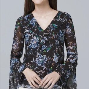 White House Black Market Black Floral Sheer Blouse